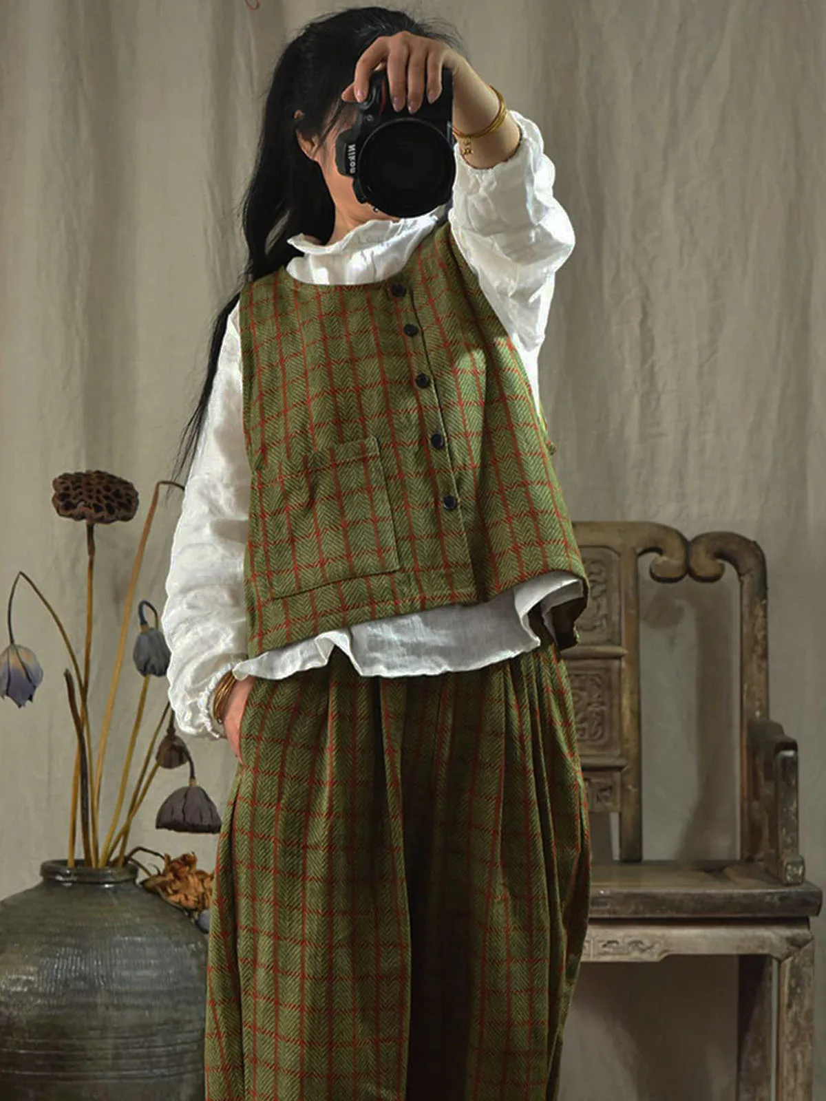 Sen femmes printemps coton lin Vintage grille costume gilet sans manches bouton décontracté veste courte haut bas gilet avec poches