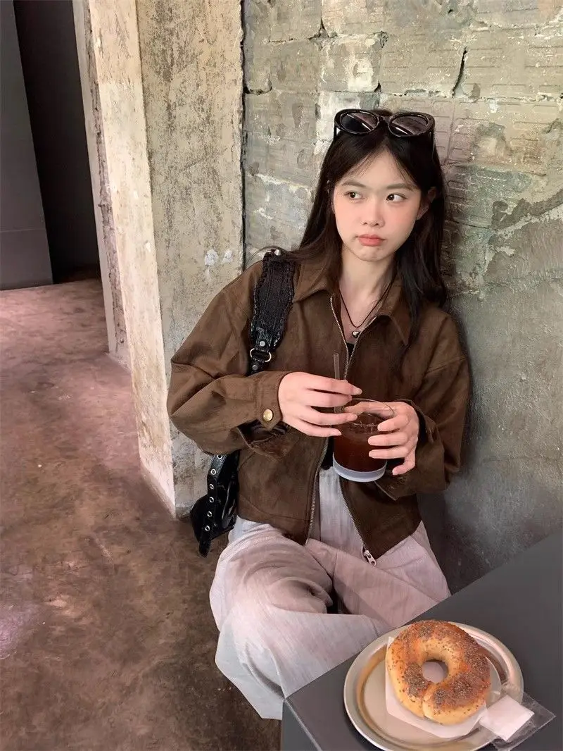 Female Brown Imitation Suede Short Coat 2026 Spring and Autumn Women's Short Zipper Lapel American Retro Small Jacket Outside