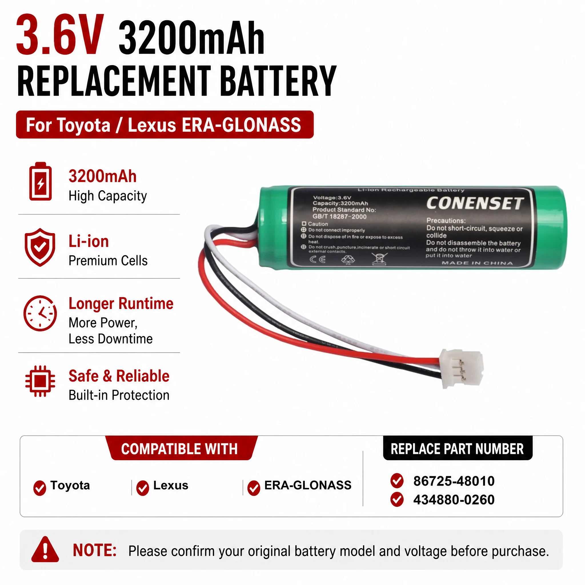 Mayday DCM Backup Battery For Toyota Lexus SOS eCall Replaces 86725-48010 434880-0260 434880-0050