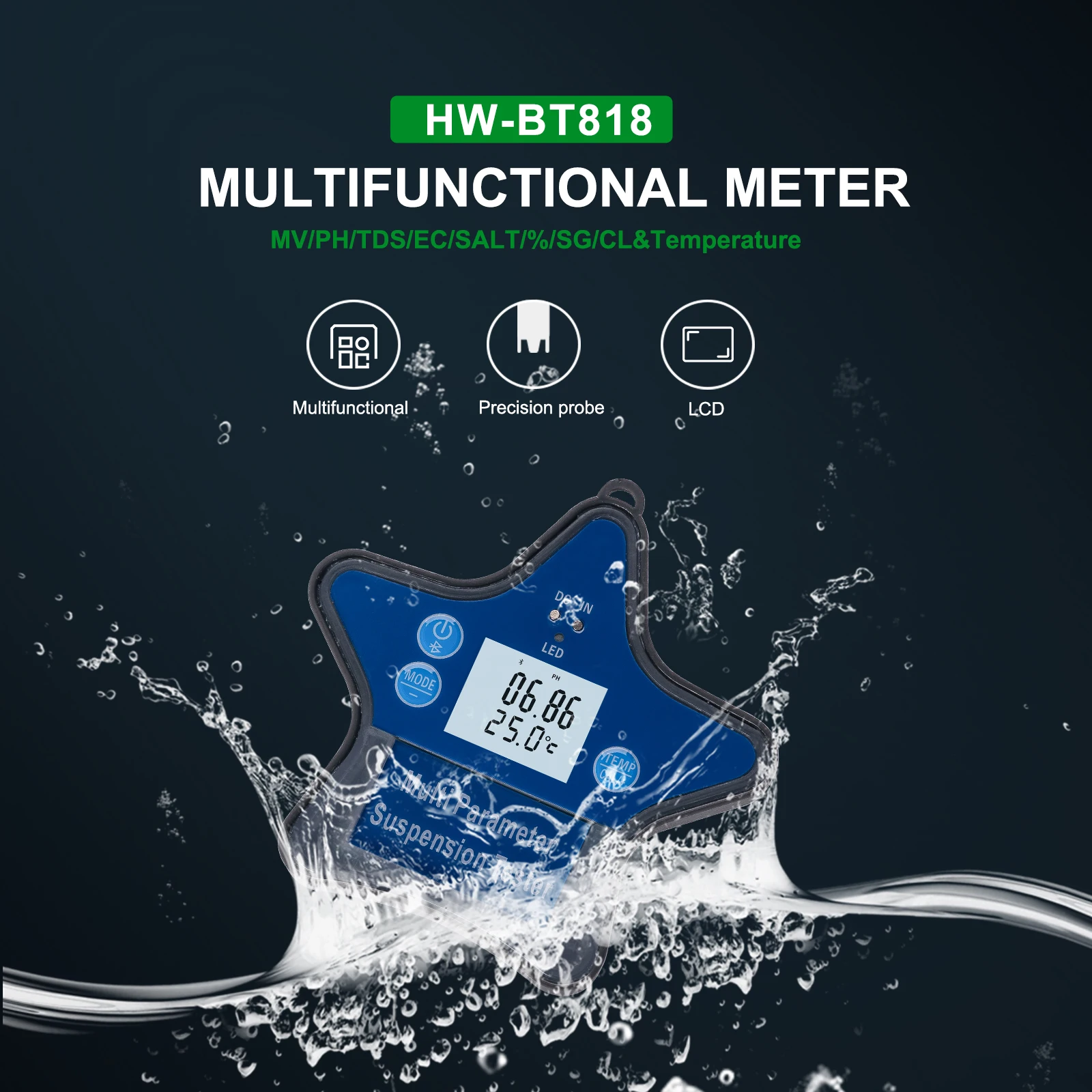 HW-BT818 9 en 1 Probador de Calidad del Agua medidor de piscina flotante Bluetooth para PH TDS EC temperatura del cloro salado con aplicación inteligente Tuya