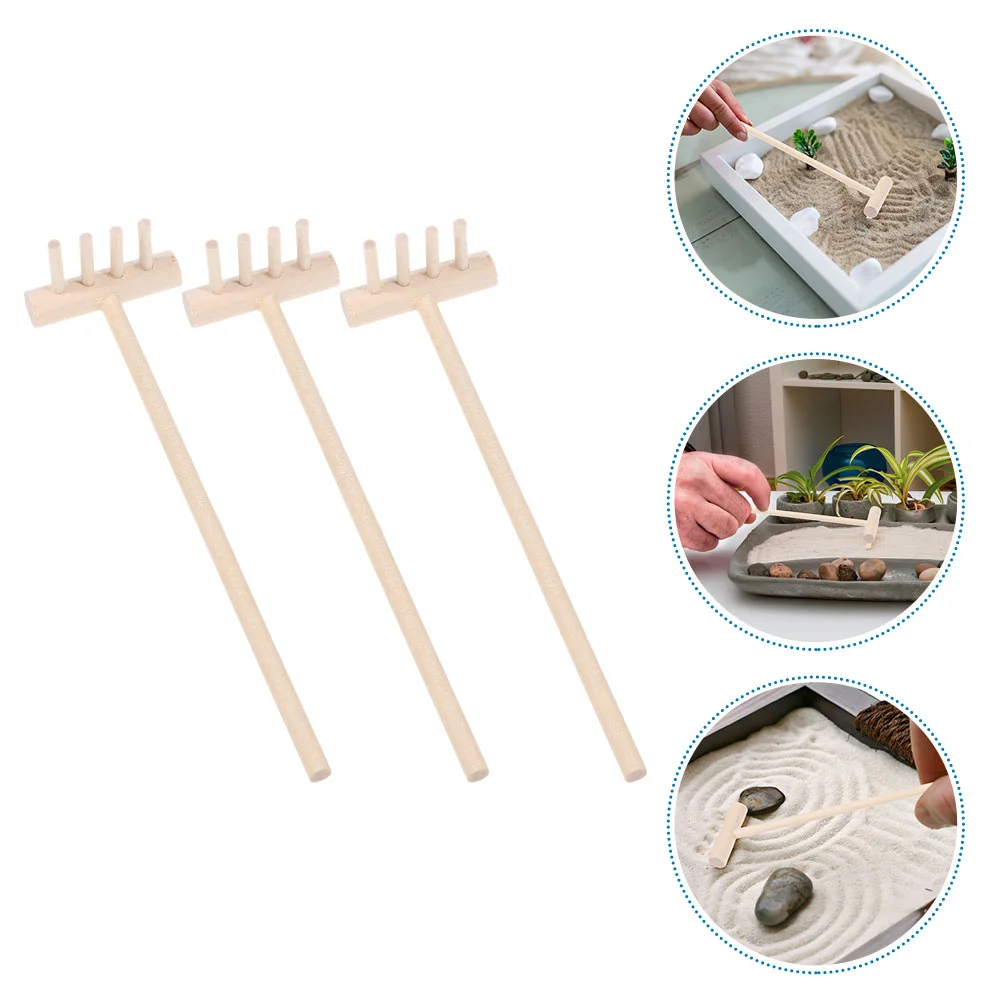 3 Pcs Tiny Desktop Rake Japanese Style Bamboo and Sand Ornament Garden Tools Decorate