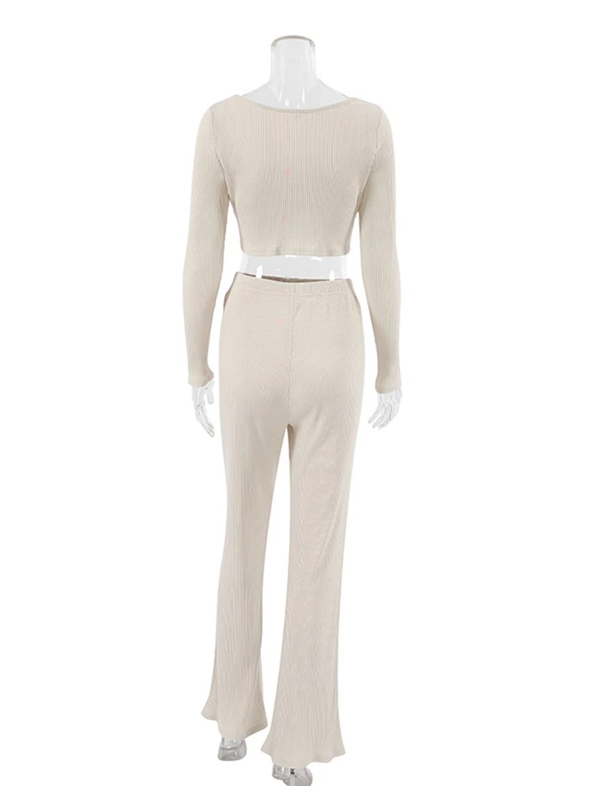 Marthaqiqi Fashion Female Pajama Set O-Neck Sleepwear Long Sleeve Nightwear Crop Top Nightgowns Pants Casual Ladies Nightie Suit