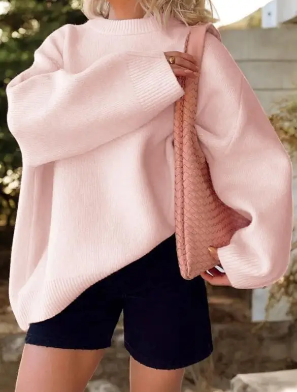 سترة محبوكة فضفاضة برقبة دائرية بلون سادة للنساء في الخريف والشتاء، سترة متماسكة عصرية وغير رسمية وبسيطة بأكمام طويلة