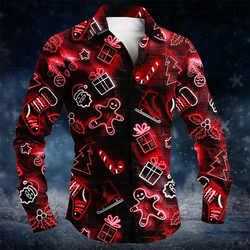 

Christmas Santa Gingerbread Socks Casual Mens Button Long Sleeve Party Evening Autumn Lapel Shirt 3D Printing Unisex Clothing