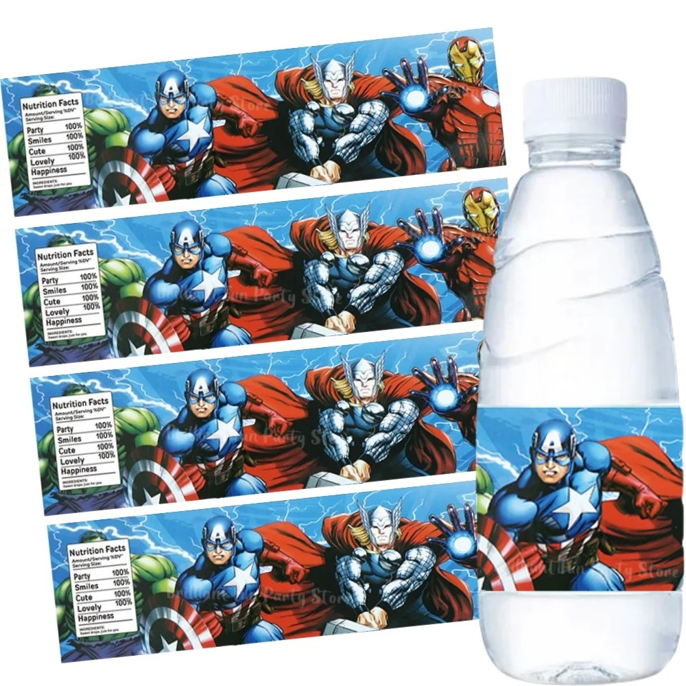 Marvel Avengers Water Bottle Labels 10/20/30Pcs Set Superhero Party Supplies Birthday Decorations Stickers for Boys Baby Shower