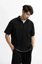 Miyake Lapel Top Polo T Shirt For Men Pleated Short Sleeve Polo Shirt Summer Clothes For Men Loose Fashion Streetwear