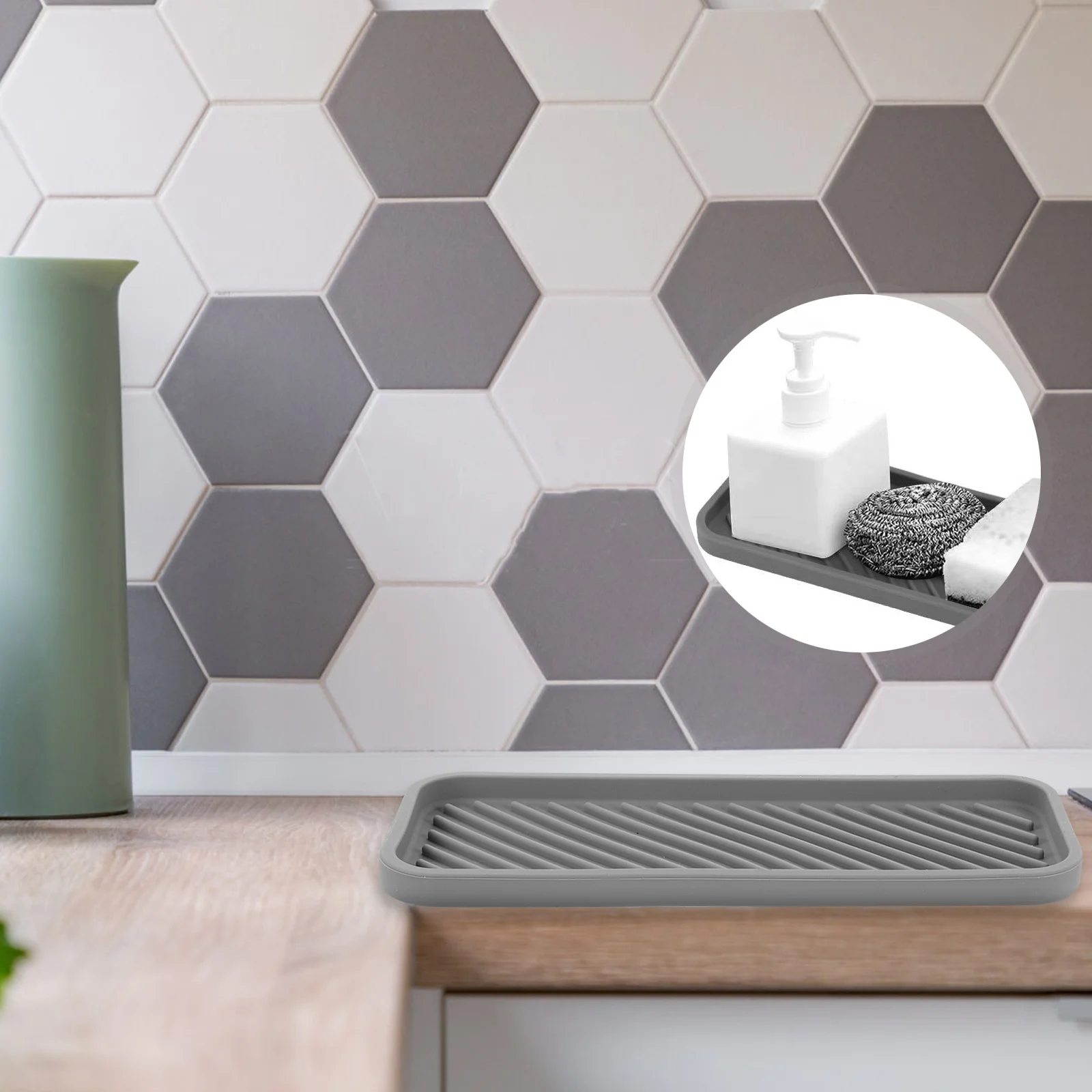 ถาดซิลิโคนอเนกประสงค์ แผ่นรองตกแต่ง แผ่นรองแห้ง สำหรับเคาน์เตอร์ครัว ห้องน้ำ ชั้นวางของในห้องน้ำ จานเก็บของ