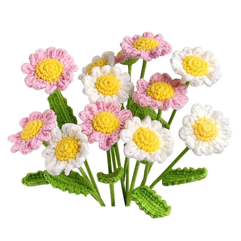 Hand-Woven Daisy Bouquet Chamomile Wool Crochet Flowers Imitation Flowers Bouquet Wedding Home Table Decoration