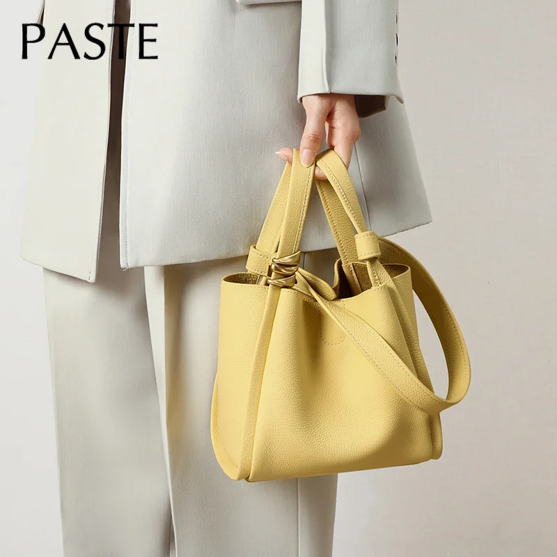 Spring Summer Yellow Bucket Tote Bag Brand Designer Fashion Cowhide Leather Women Handbag Luxurious Ladies Shoulder Bag