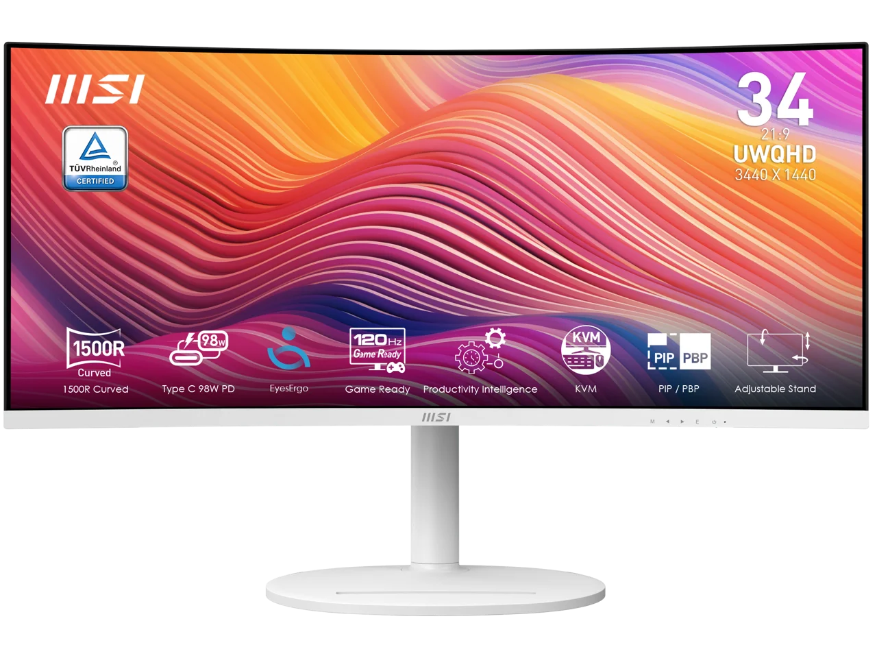 MSI 34" UWQHD 2K 1440P 120Hz with Adaptive-Sync HDR Ready Built-in Speakers USB-C KVM Picture-in-Picture white Curved Computer Monitor with Height Adjustable, Swivel & Tilt Stand Modern MD342CQPW