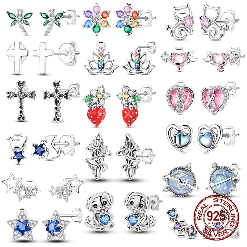 

925 Sterling Silver Earring Love Cross Cat Strawberry Blossom Stud Earrings for Women Party Engagement Anniversary Fine Jewelry