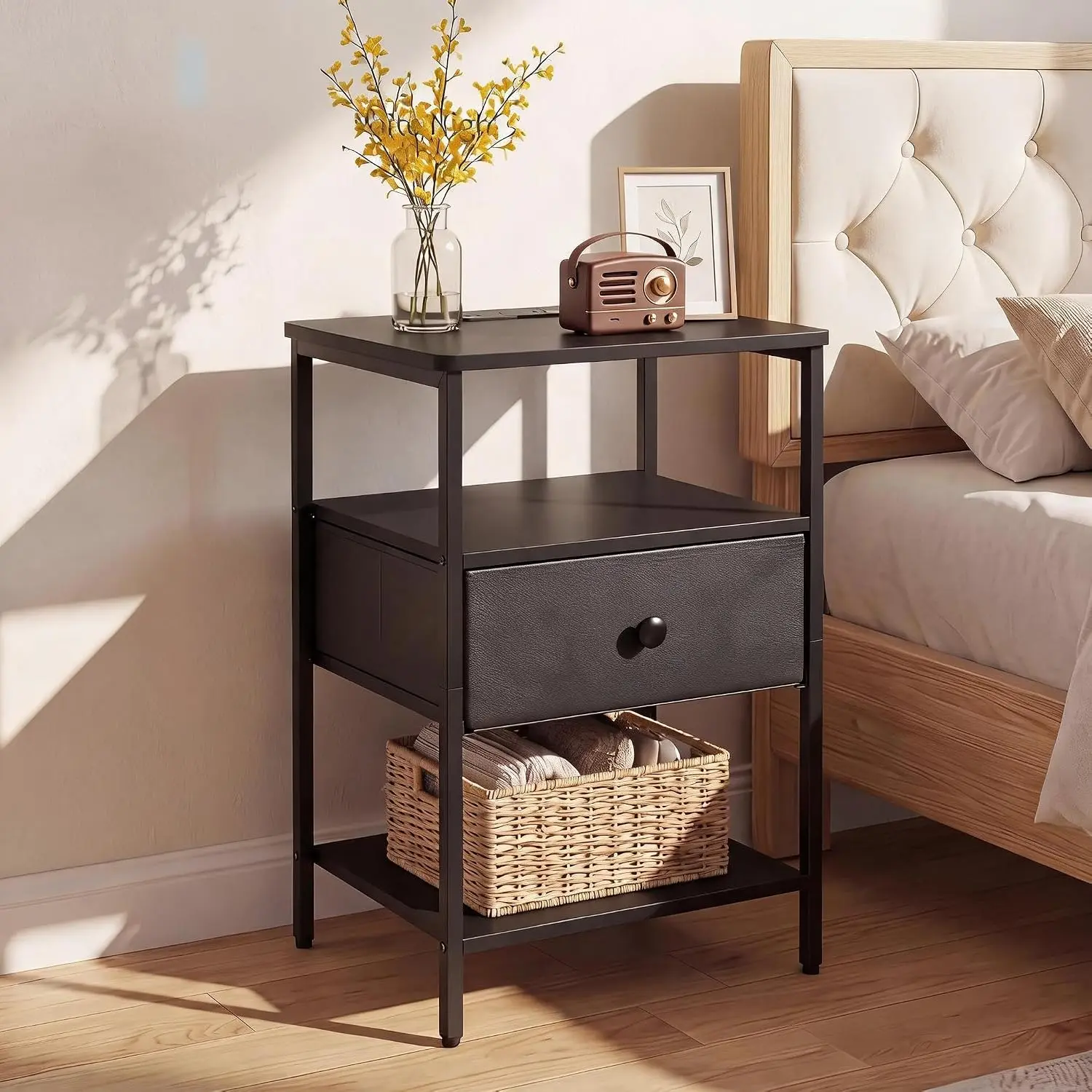3 Tier Nightstand with Charging Station Fabric Drawer Open Storage Shelves Alloy Steel Frame Bedside End Table Side Table for Bedroom Living Room Small Spaces