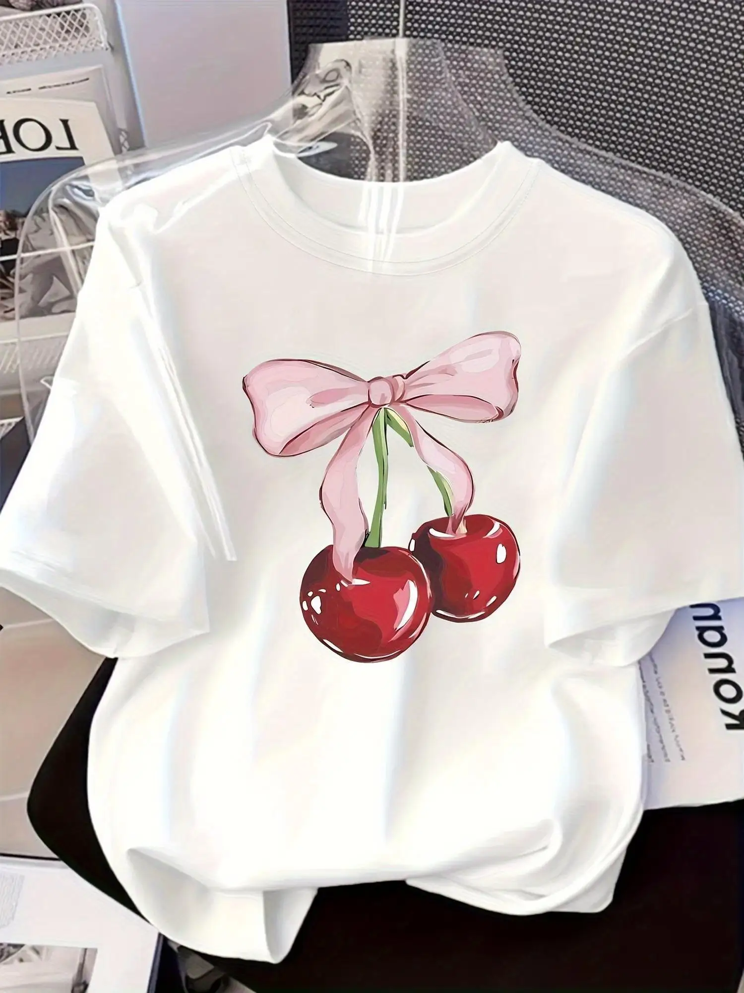 Women'S White Cherry Print T-Shirt with Pink Bow & Cherry Bowknot - Stretchy Short Sleeve Blouse Top, Round Neck Casual Shirt Suitable for Spring Summer Fall Outfits, Machine Washable All-Season Blouse (Sizes S-2XL) for Casual Attire