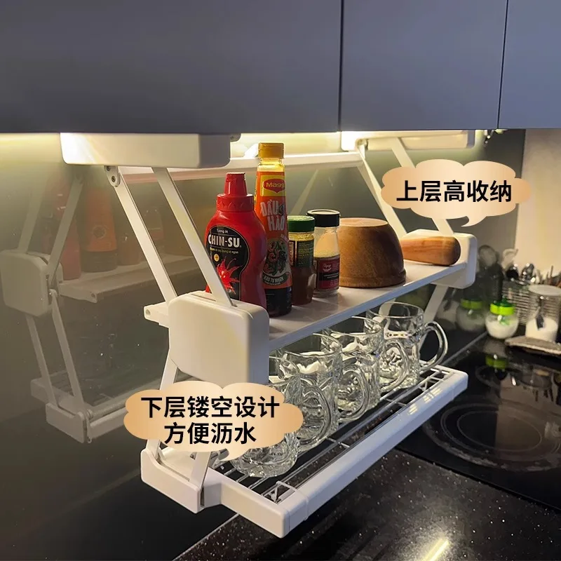 

Kitchen vegetable preparation rack Foldable hanging cabinet Pull-down double-layer meal preparation rack Cabinet