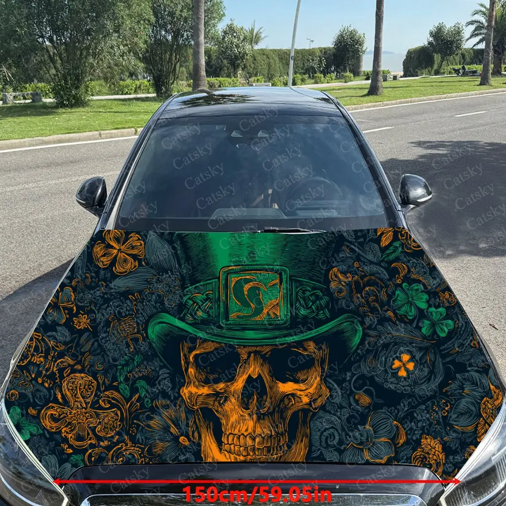 Car Decal Gothic Culture-Inspired Combination of Skull, Green Top Hat and Ornate Floral Elements Car Hood Sticker, Waterproof Se