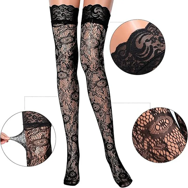 Plus Size black Fishnet Thigh High Stockings Lace Anti Slip Ultra Stretchy Girls Lolita Gothic over knee socks 3XXXL Halloween