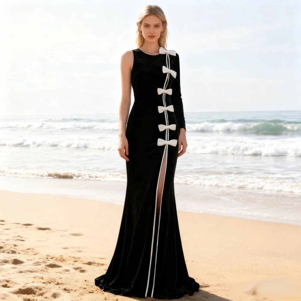 

Elegant Sexy One Shoulder Bows Velvet Maxi Dress Women Luxury Evening Party Club Gown Chic Formal Prom Birthday Night Outfits