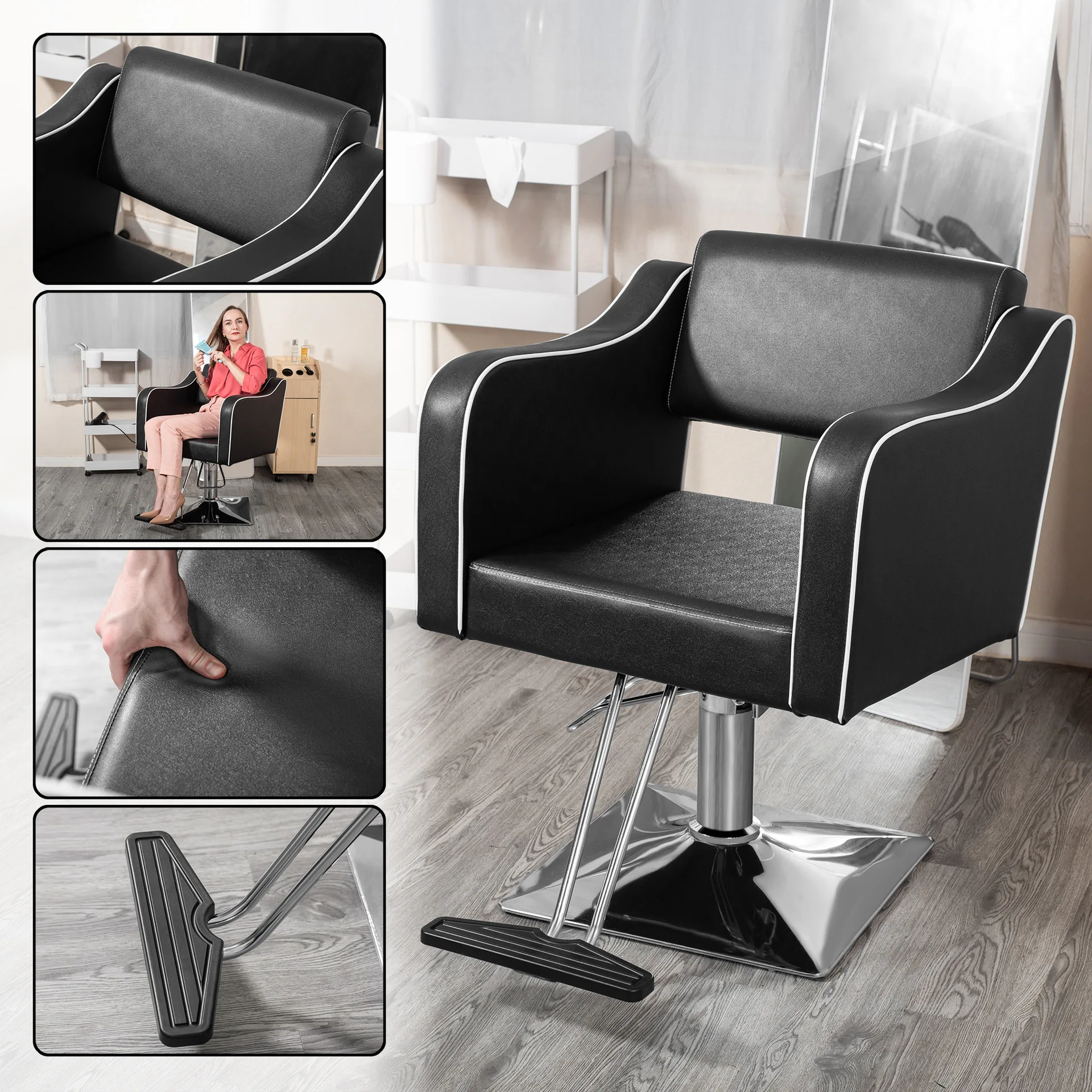 Salon Barber Chair with Stainless Steel Armrests, Hairdressing Equipment
