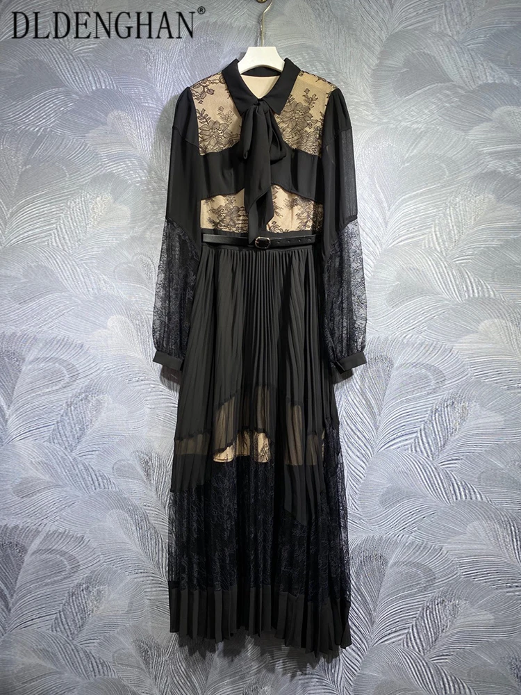 

DLDENGHAN Fashion DesignerAutumn Lace Patchwork Dress Women Lace-up Turn-down Collar Lantern Sleeve Belt Vintage Pleated Dress