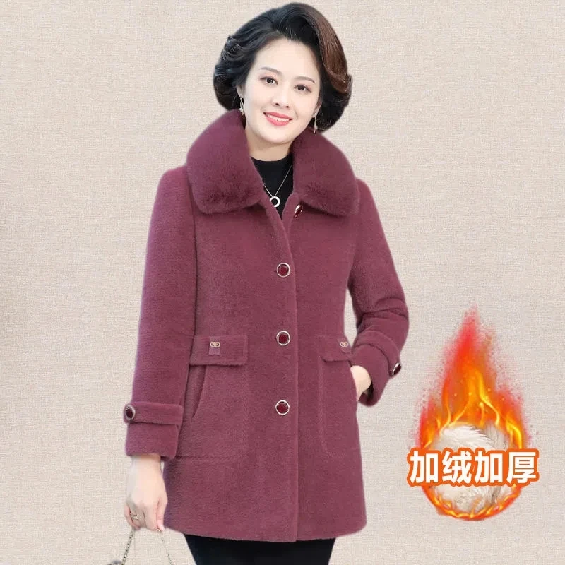 Middle Aged Mother Winter Warm Velvet Jacket High End Mid-Long Imitation Mink Velvet Cashmere Coat Thick Women Woolen Coat 5XL