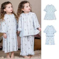 Girls' Home Wear 2023 Spring New Blue Print Girls' Pajamas Pajama Trousers Cotton Fashion Girls' Nightgown Children's Clothing