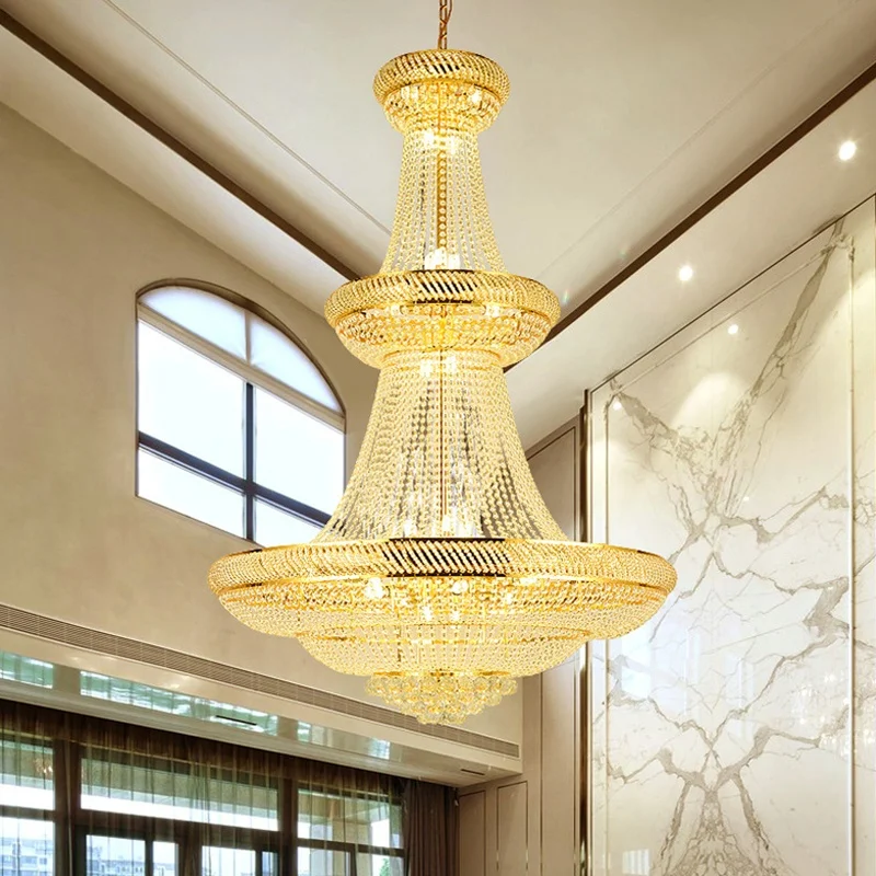 European Crystal Living Room Chandelier Modern Light Luxury High-end Atmospheric Long Chandelier Villa Hollow Crystal Light Led