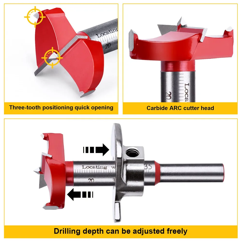 Forstner Drill Bit Diameter 15-35mm Carbide Hinge Hole Drill Bit Flat Wing Drill Hinge Reamer Adjustable Quickly Hole Puncher