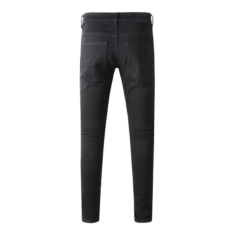 Pantalones vaqueros de moda de venta al por menor para hombre, pantalones vaqueros rasgados ajustados elásticos negros, pantalones vaqueros de Hip Hop de marca de diseñador parcheados con cuentas para hombre