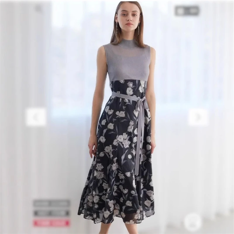 

Contrast Flower Print 2025 Vestidos Spliced Knit Dress Lace Up Tunic Dresses Woman Japan Sleeveless Robe Summer Ropa De Mujer