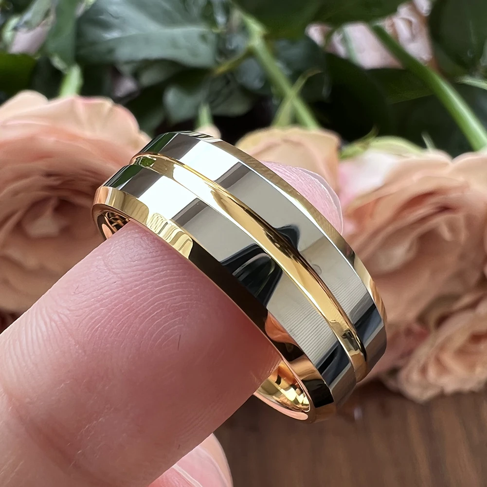 6 mm 8 mm Wolfram-Ring für Damen und Herren, Verlobung, edler Schmuck, Ehering in der Mitte, gerillt, abgeschrägte Kanten, poliert, glänzend, bequeme Passform – Detail 4