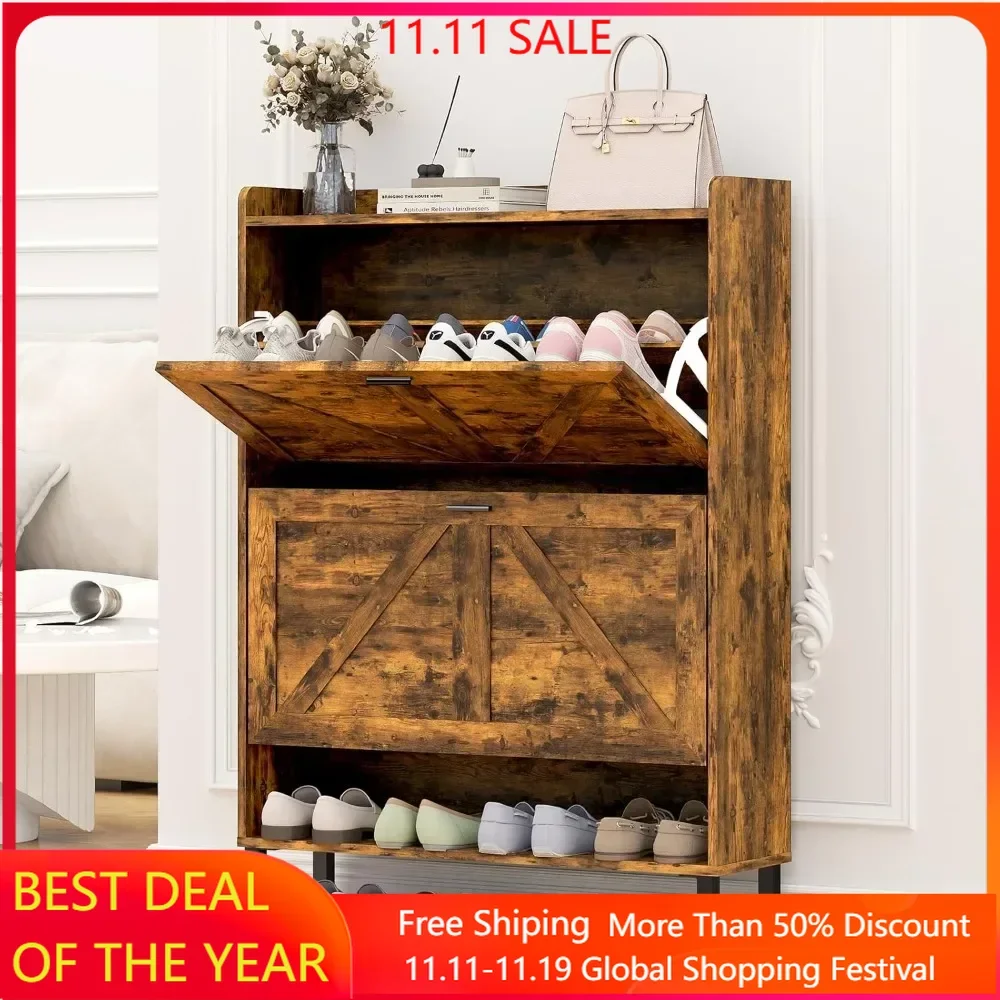 

shoe rack, Shoe Cabinet Storage for Entryway, Shoe Organizer with 2 Flip Drawers, Farmhouse Wooden Hidden Freestanding Cabinets