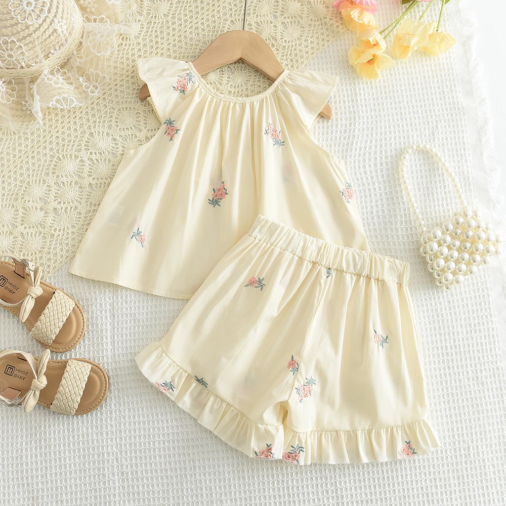 Sommermode-Set für Mädchen, Kinder-Blumendruck, fliegende Ärmel, Top + Shorts, zweiteiliges, süßes, erfrischendes Set für kleine Mädchen – Detail 11