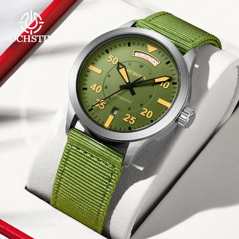 OCHSTIN Mens Fashion Luxury Mechanical Automatic Date Week Watch Transparent Back Cover Creative Design With Green Calendar Dial