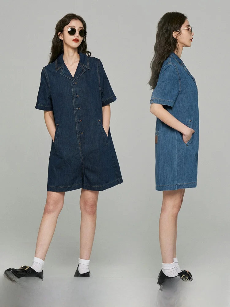 愛らしいヴィンテージルーズストレートカットディープブルーデニムオーバーオールTnewties女性のオリジナルデザインコットンパンツロングサマー