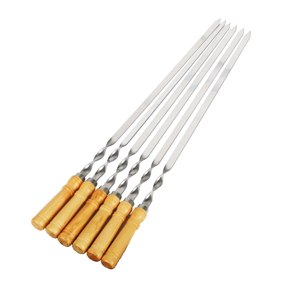 6 Stück Langstielige Shish-Kebab-Holz-BBQ-Gabeln aus Edelstahl für Outdoor-Grillen, 55cm 21,65' Grillspieße
