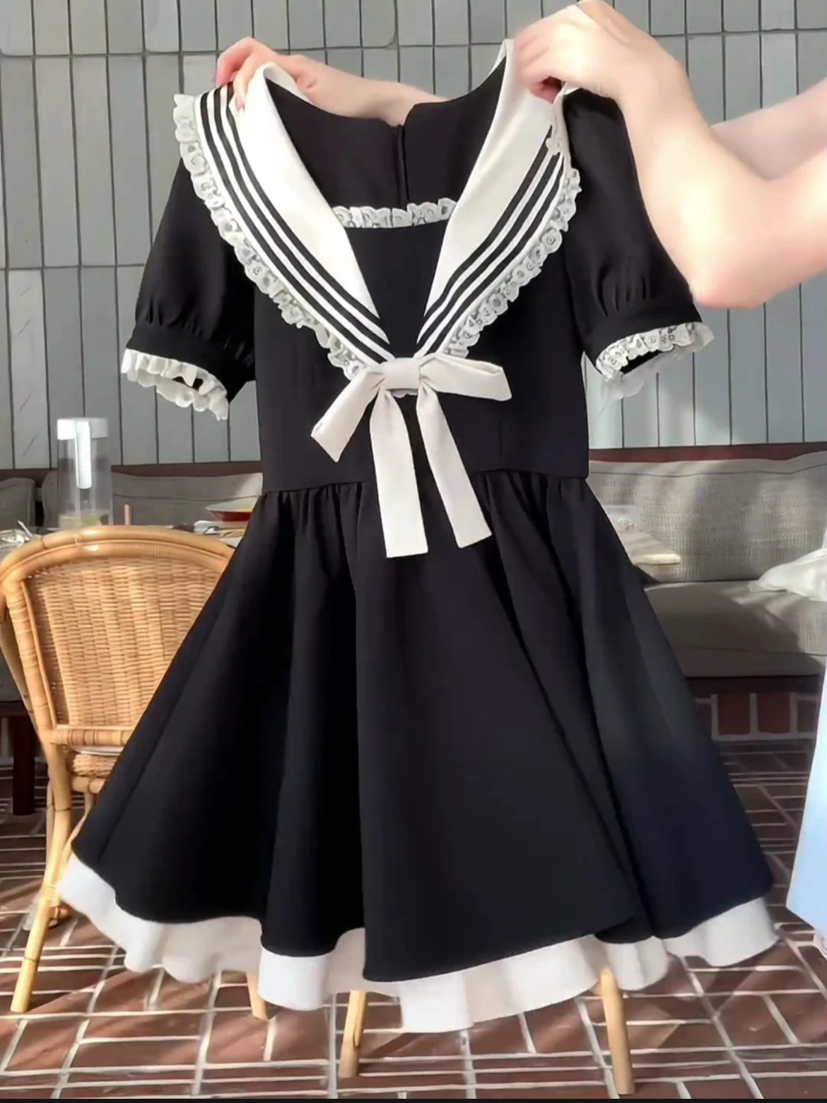 حجم كبير L-4XL كلية سوداء أنيقة البحرية طوق فستان قصير الأكمام الصيف الحلو فتاة الدانتيل عالية الخصر فساتين الحد من العمر #5