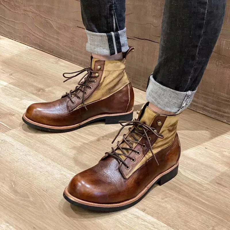 PU Japanese Designer Handmade Casual Men Shoes Vintage British Cow Leather Ankle Boots Winter Warm Plush Desert Motorcycle Boots