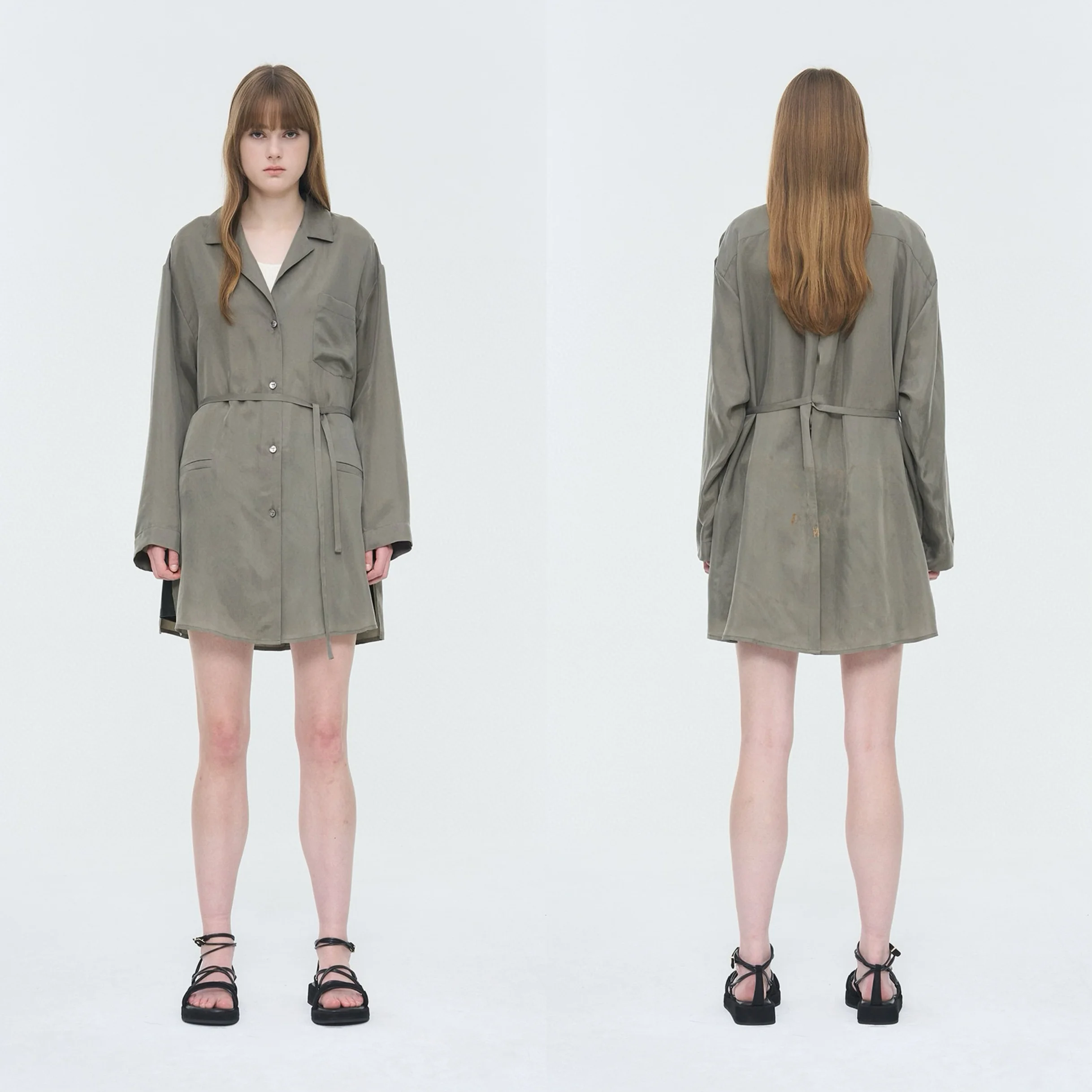 

T25 Spring New Long Korean Sle Belted Coat irt Thin Outerwear Korean Sle ket Long irt Polyester Fiber Casual Wear