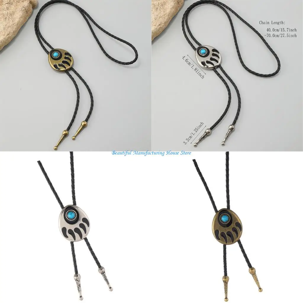 E56A Adjustable PU Western Bolo Tie Necktie With Bear Claw Turquoises Stone For Men