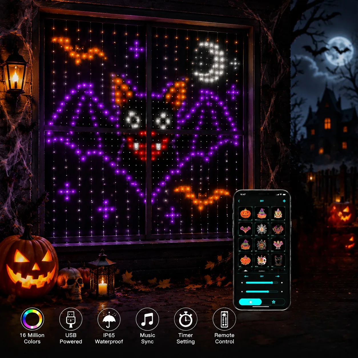 USB LED Smart Curtain Lights Halloween Window Bluetooth APP Multicolor RGB String DIY Bedroom Indoor Decoration New