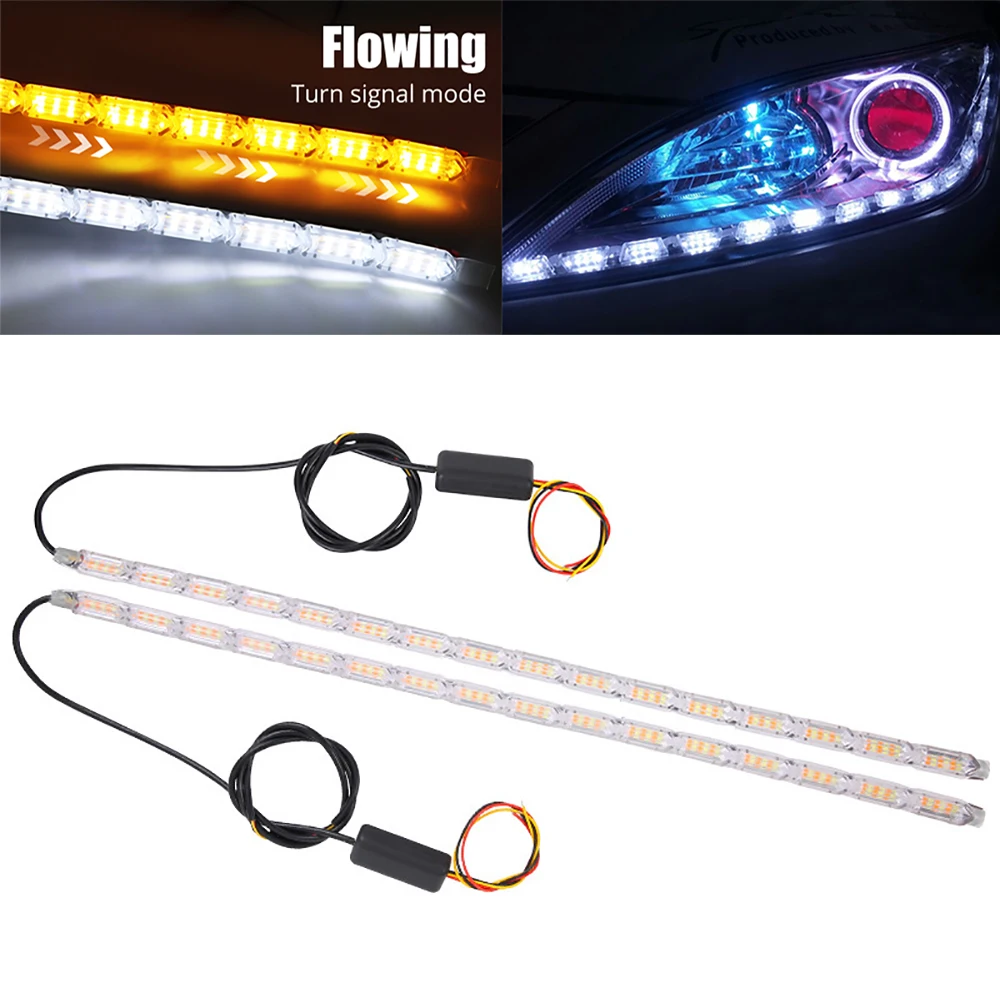 2pcs DRL LED Strip Flexible Daytime Running Light Waterproof White Driving Light Yellow Flowing Turn Signal For Car Motorcycle