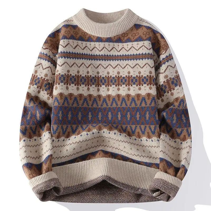 Men Crew Neck Geometric Fair Isle Knit Sweater Long Sleeve Loose Retro Pullover Jumper