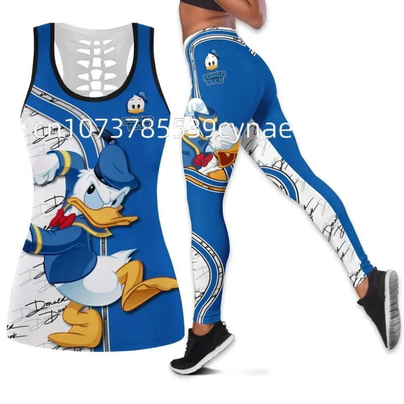 Disney Donald Duck Women Hollow Vest + Women Leggings Yoga Suit Disney Fitness Leggings Sports Suit Tank Top Legging Set Outfit