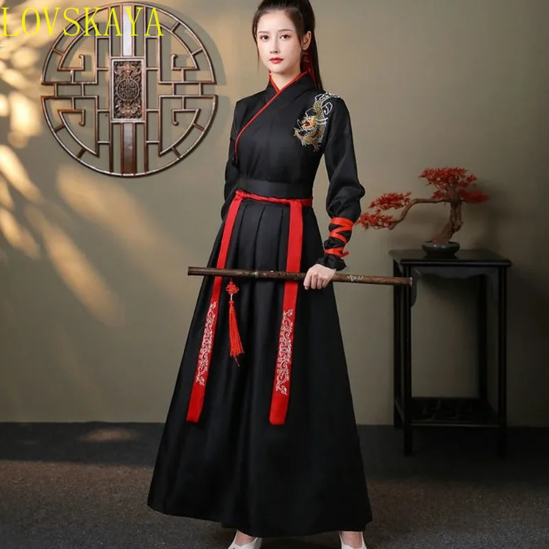 Unisex Adult Martial Style Hanfu Female Traditional Chinese Clothing Cross-Collar Han Suit Male Ancient Cosplay Couple Costume