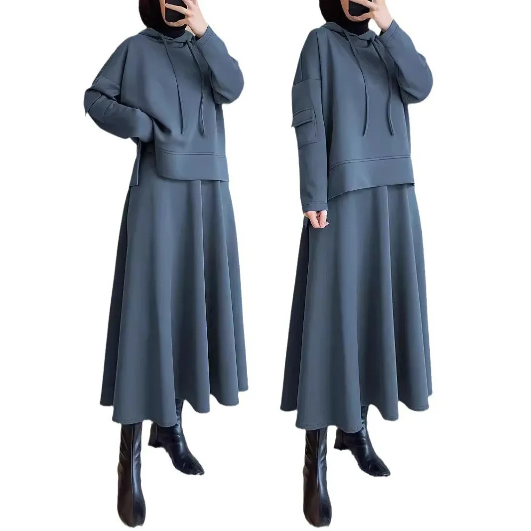 Muslim Hoodie Skirt 2 Piece Sets Women Pocket Hooded Sweatshirt Long Skirts Outfits Ramadan Morocco Dubai Arabic Casual Ensemble