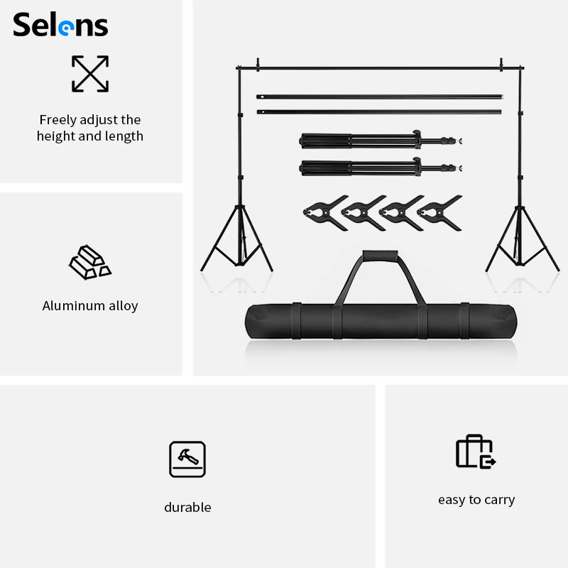 

2025 hot sale Selens 10x10ft Photo Backdrop Stand Kit Portable Background Stand Support with Clamps and Carrying Bag