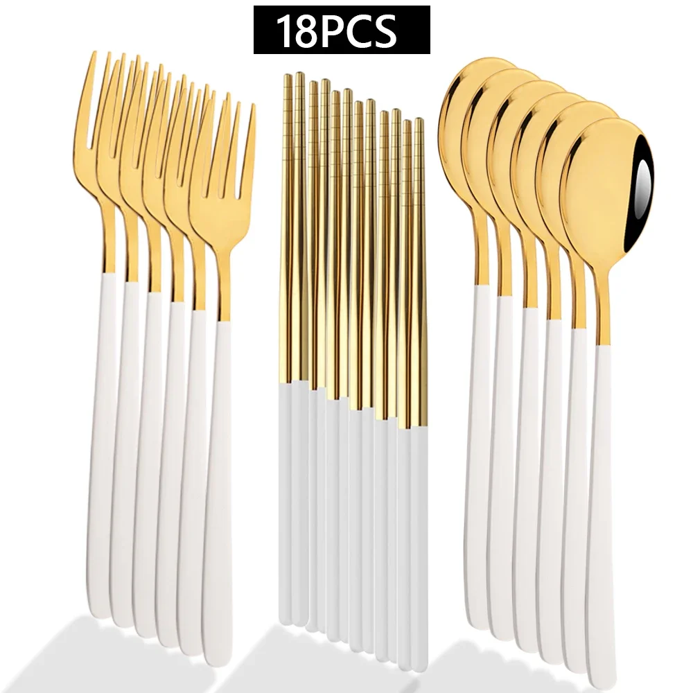 

18Pcs White Gold Dinnerware Set Stainless Steel Cutlery Kitchen Fork Spoons Chopsticks Tableware Restaurant Home Flatware Set
