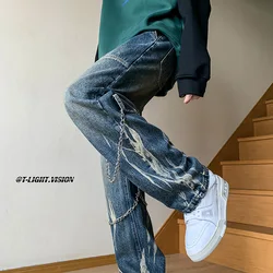 Mężczyźni New Techwear Fashion Brand Quality Gradient Color Baggy Jeans Mens Vintage Hip Hop High Street Chain Design Cargo Jean Pants