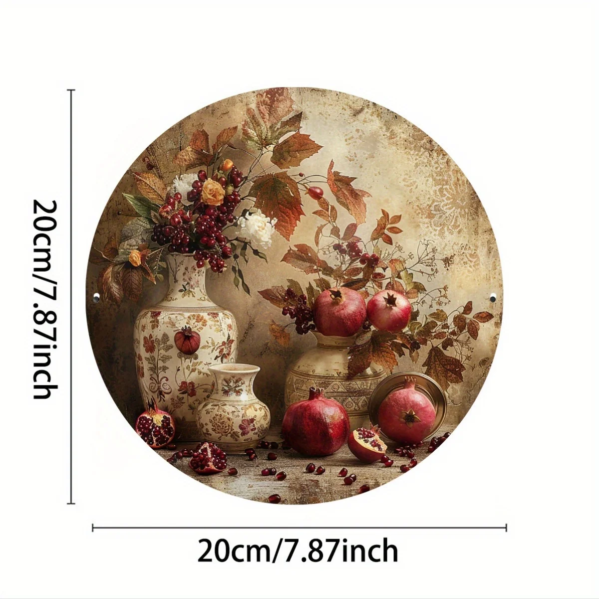 Vintage Pomegranate And Floral-Themed Round Aluminum Sign, Perfect for Retro Decor in for Homes, Kitchens, Gardens, Clubs, Garag