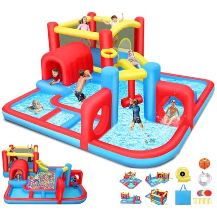 

Надувной батут-горка для детей 3-12 лет с воздуходувкой, 14,3 x 14,3 фута, для игр в помещении/на улице, красно-синий, с зоной для прыжков